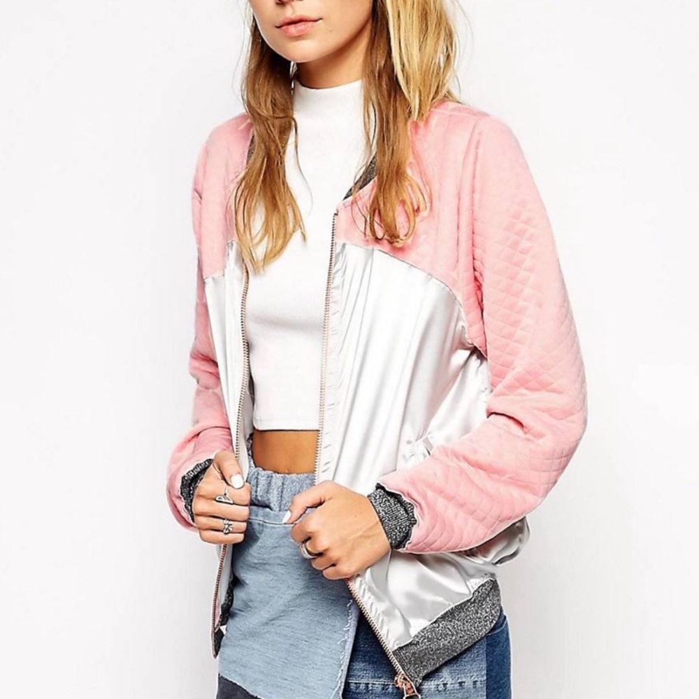 Quilted Pink, Silver, & Gunmetal Bomber Jacket